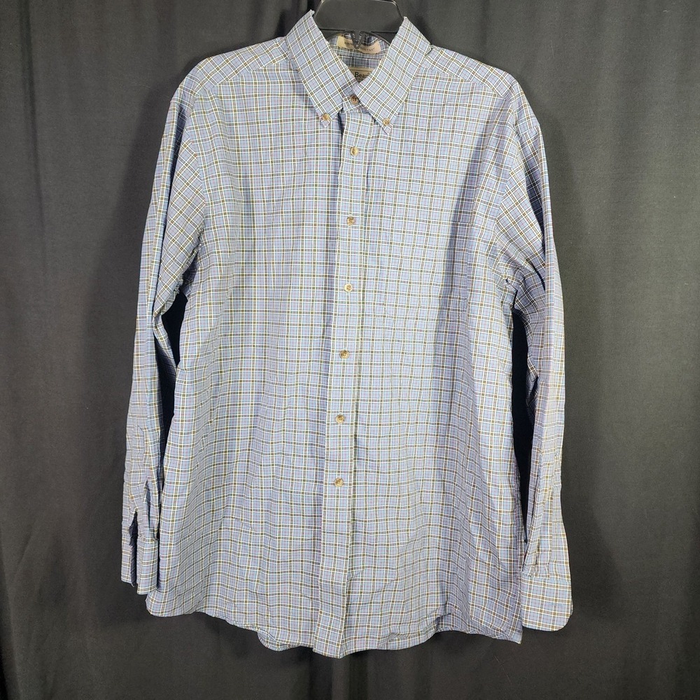LL Bean Mens Blue Plaid Wrinkle Resistant Cotton Button Down Shirt Large 218573
